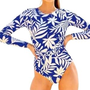 KATE SPADE Long Sleeve one piece zip back Rash Guard blue berry Swimsuit NWT